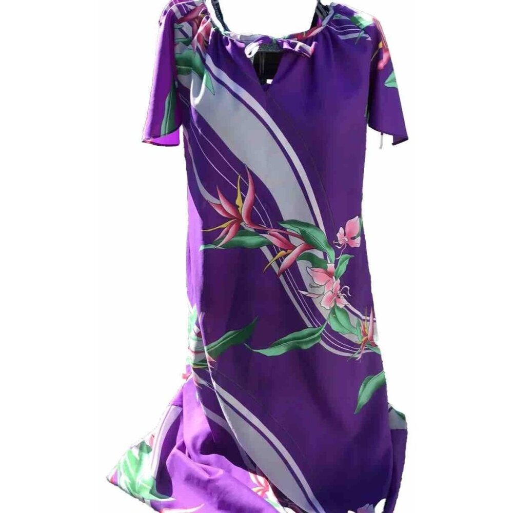 Vtg Hilo Hattie Purple Floral Hawaiian Midi Dress Women’s M Tiki Luau MCM USA
